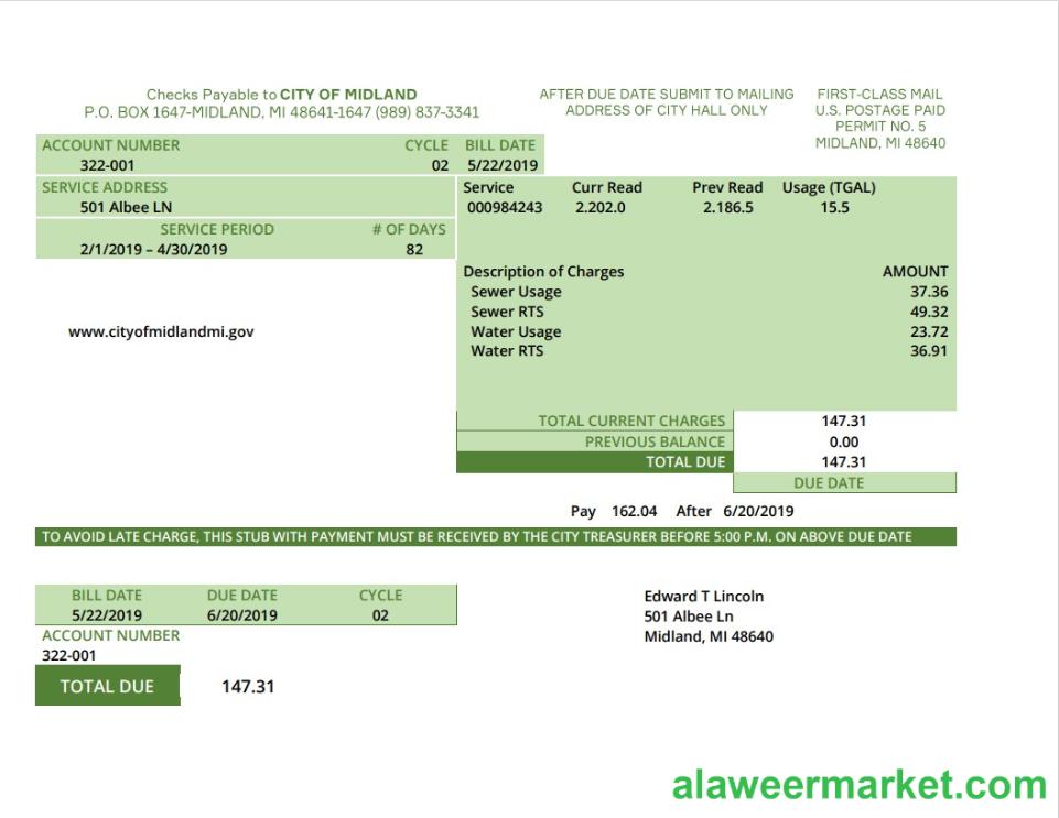 USA Michigan water utility bill template in Word and PDF (.doc and .pdf) format